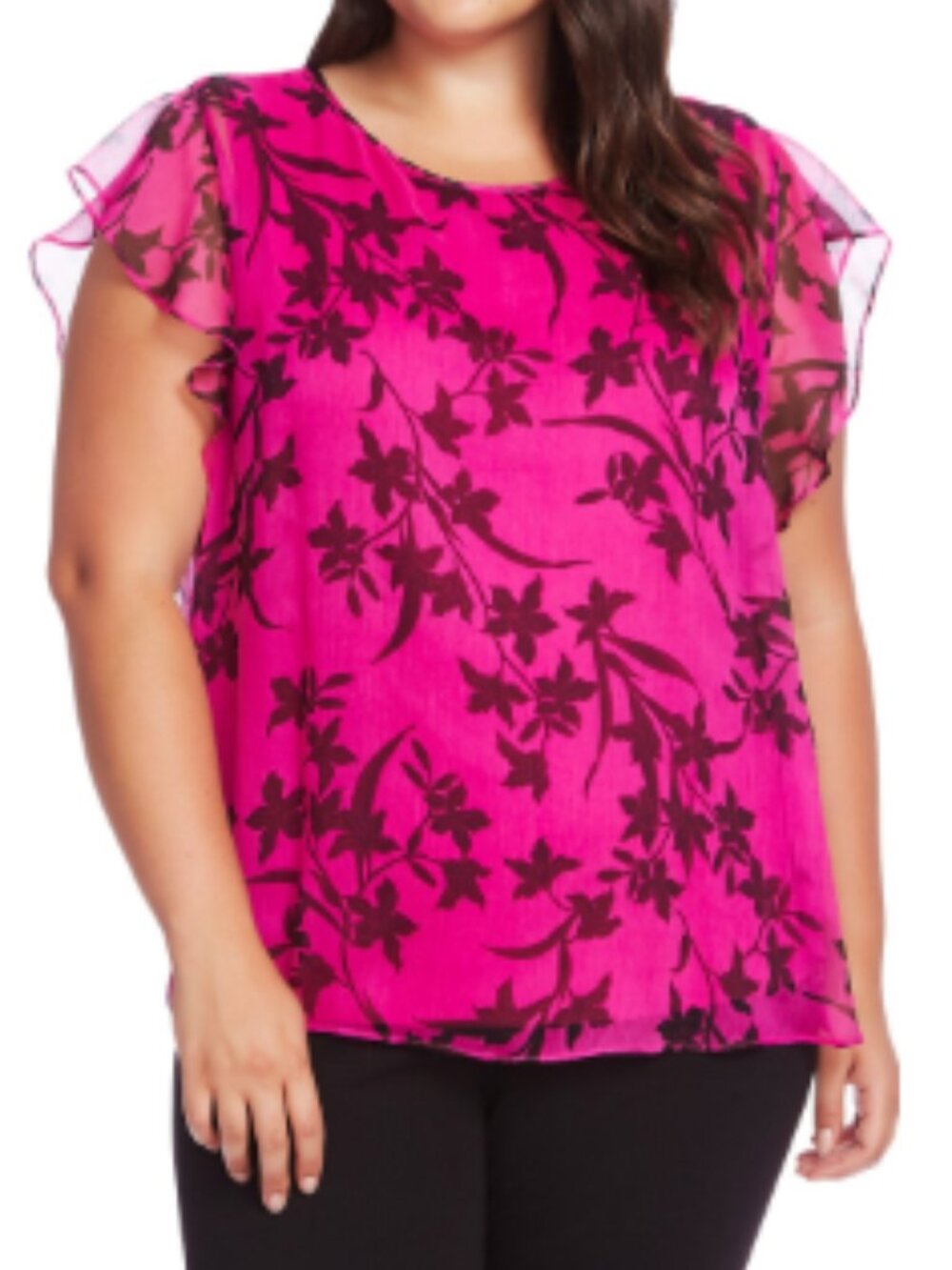 Vince Camuto Women's Pink Shock Floral Ruffle Blouse 2X